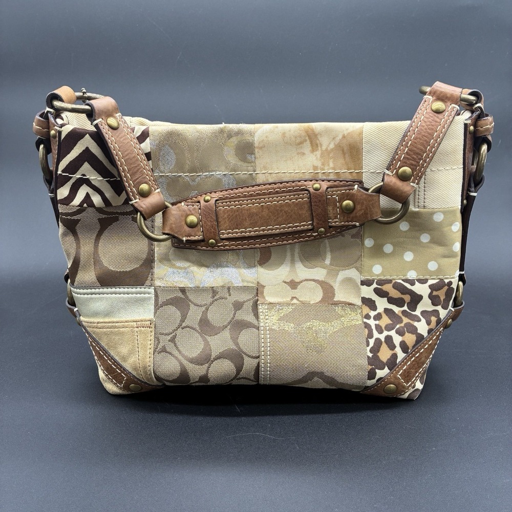 Coach Carly 10814 Y2K Patchwork Signature Hobo Shoulder Bag Brown Tan Canvas - Picture 5 of 16